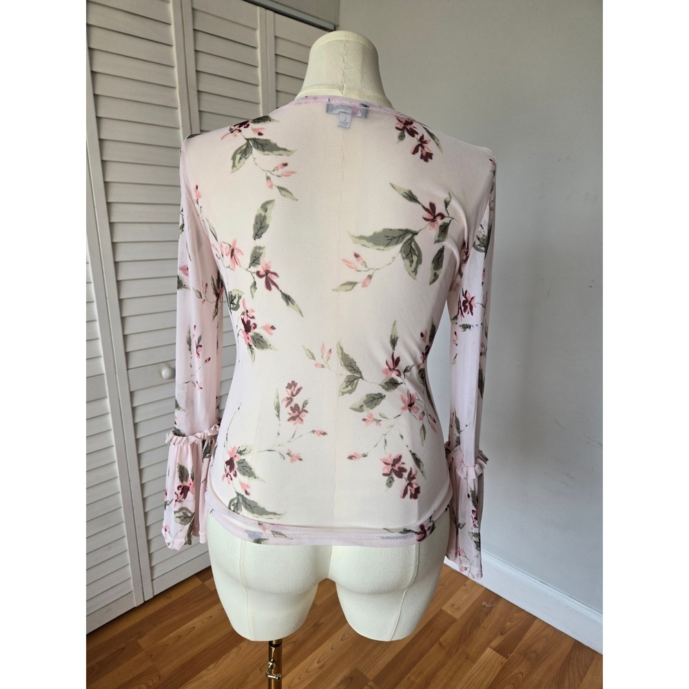 Freshman Pink Floral Mesh Long Bell Sleeve Top Sheer L Romantic Boho Fairycore - Picture 5 of 8